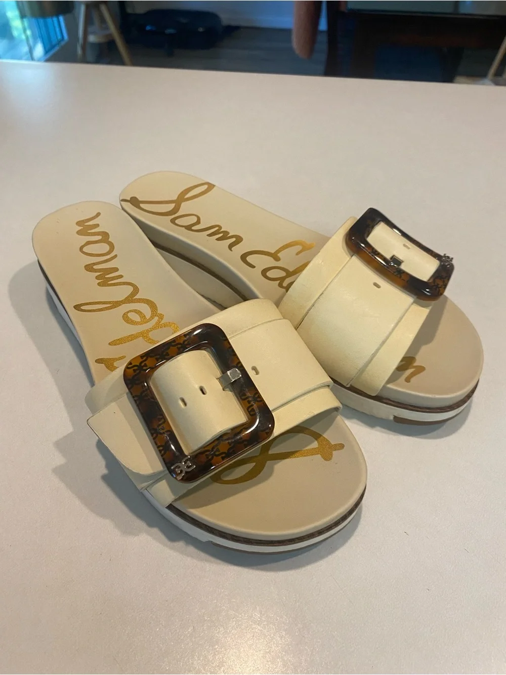SAM EDELMAN ARIANE PLATFORM SANDAL IVORY TORTOISE ONE STRAP SLIDE SZ 8